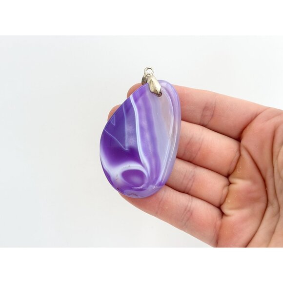 Purple Agate Sliced Smooth Crystal Freeform Silver T Teardrop Vintage Pendant - Picture 3 of 10